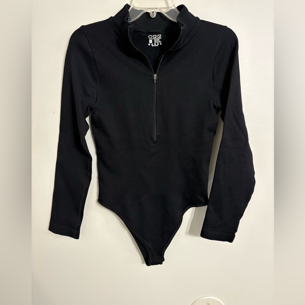 OQQ Black Long Sleeve One Piece by ribbed bodysuit Size Large